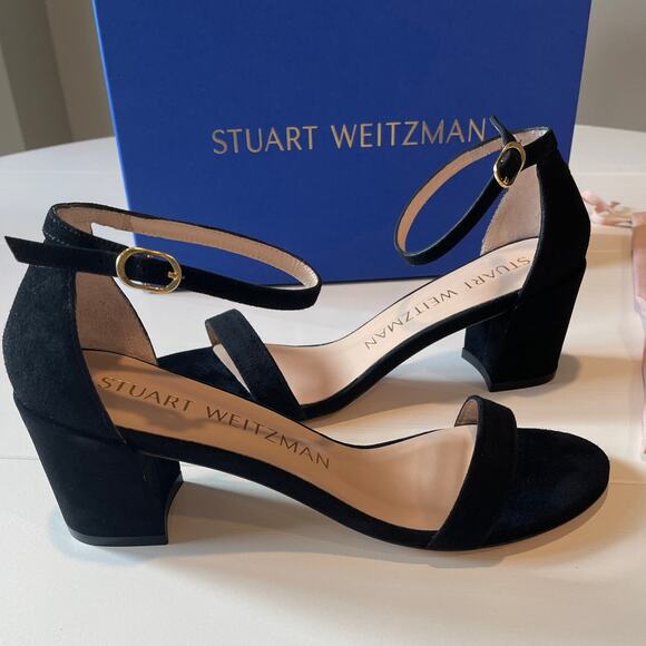 Stuart Weitzman NIB Simple Black Suede Sandals Block Heels Size 7 - Picture 1 of 11